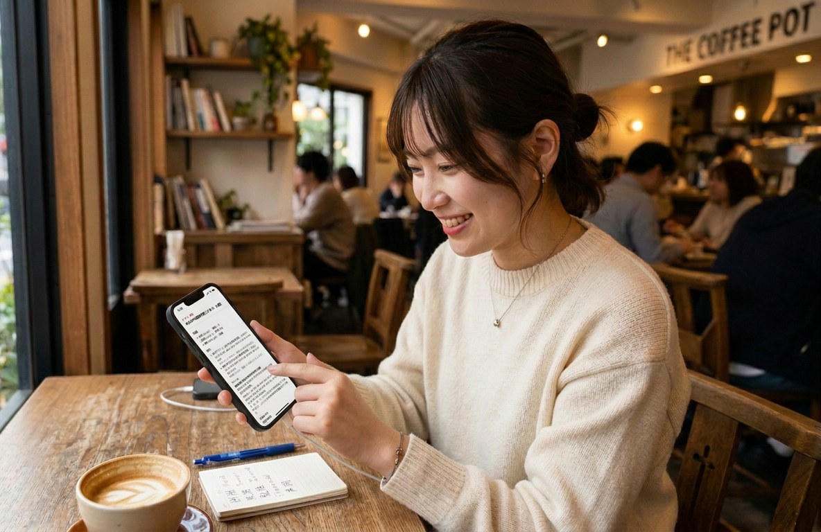 カフェでスマートフォンを見ながら中国語を学習する女性